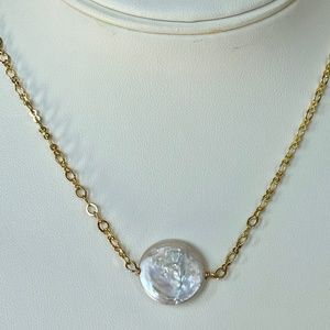 17.2mm White High Luster Coin Pearl Necklace 14K Gold Plate-19 Inches Adjustable